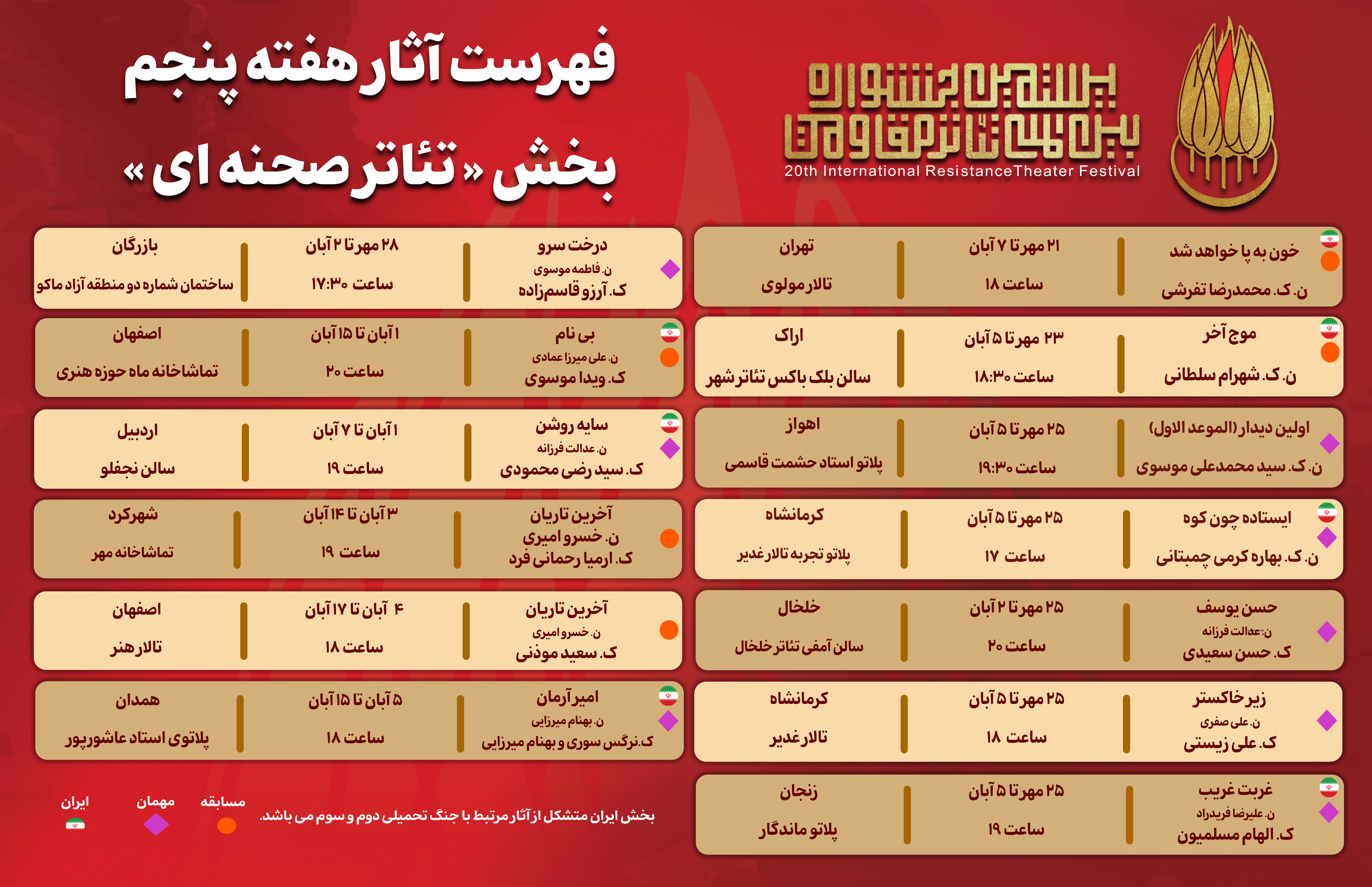 جدول آثار هفته پنجم بخش «تئاتر صحنه‌ای» جشنواره بین‌المللی تئاتر مقاومت